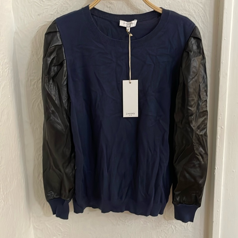 J. SOCIETY NEW YORK Women's Faux Leather Sleeve Pullover Sweater Top Size S